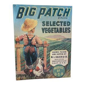 Big Patch Brand Selected Vegetables Metal Tin Sign Produce‎ of USA 13.5x10.5"